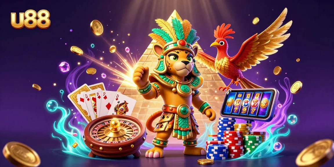 Engage with u88's vibrant gaming scene amidst cascading coins and animated characters.