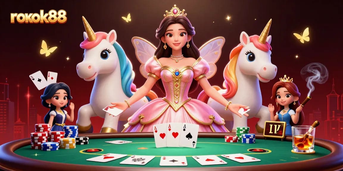 Win big with rokok88 at a vibrant casino scene featuring stunning characters and poker elements.