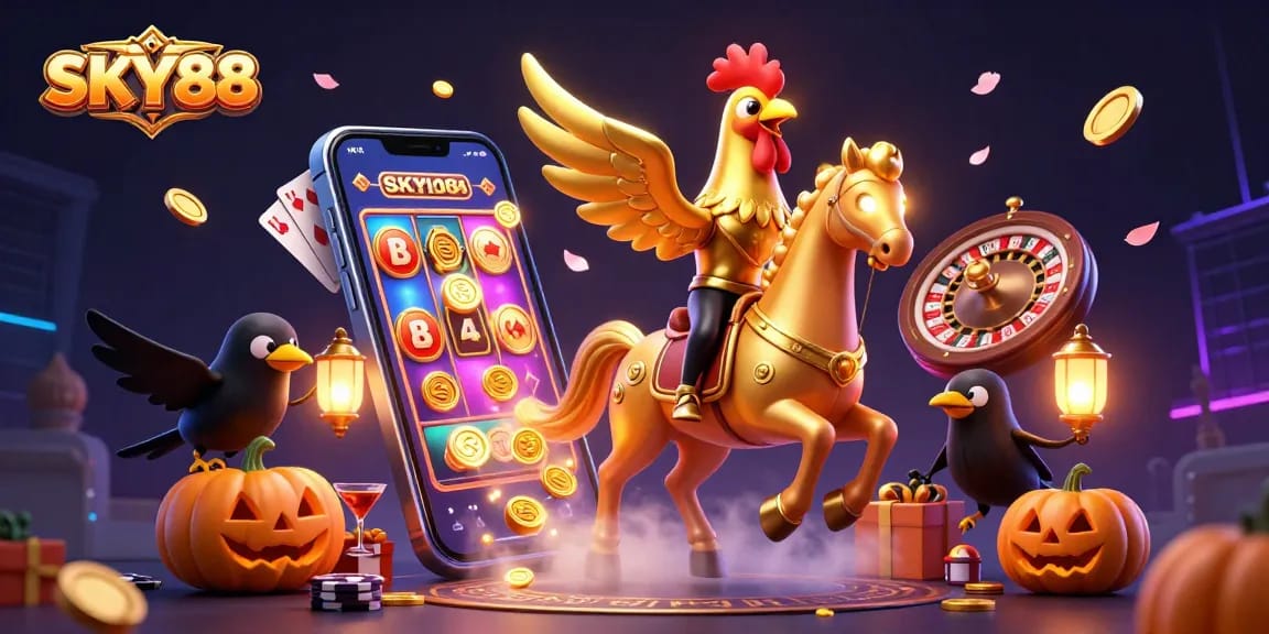 Experience the immersive excitement of SKY88 with a dynamic golden rooster character amidst a vibrant casino scene.