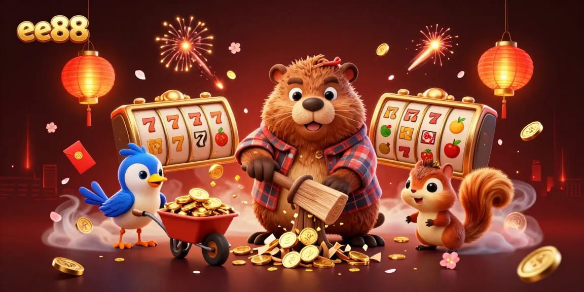 Play and win with ee88 in a vibrant, golden treasure-filled 3D casino scene.