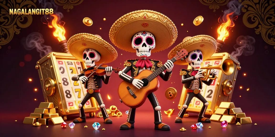 NAGALANGIT88 captivates players with a vibrant jackpot scene featuring a mariachi band and dazzling treasures.