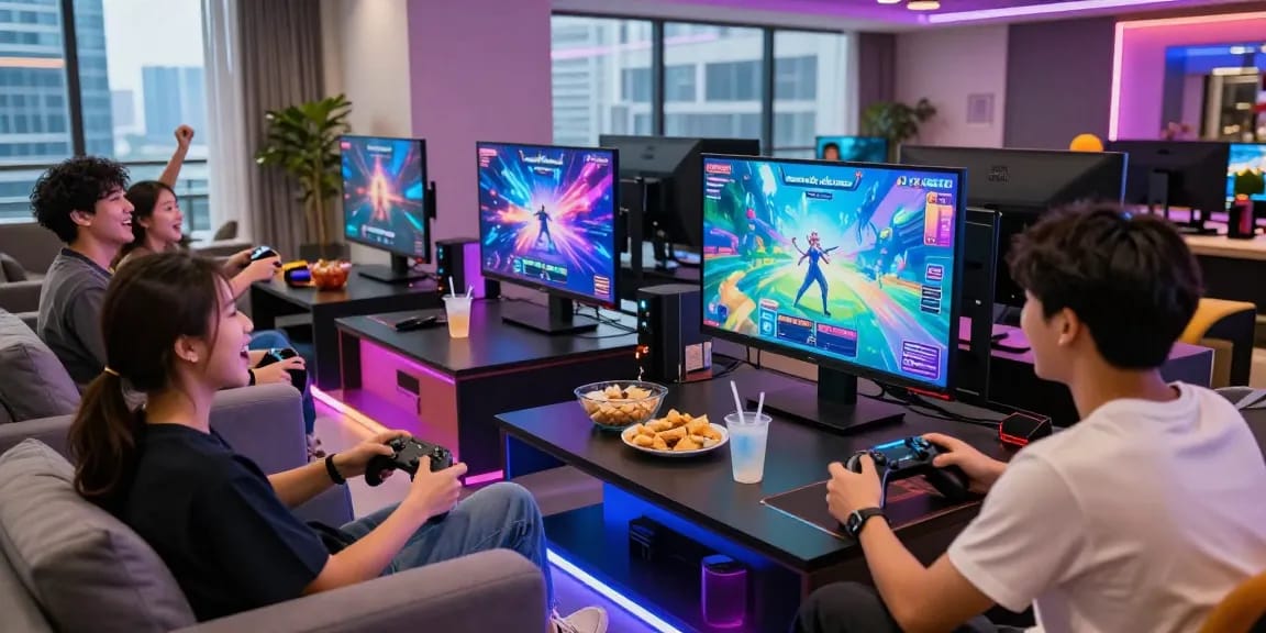 Exciting group gaming session with Sunwin chinh hang in vibrant lounge.