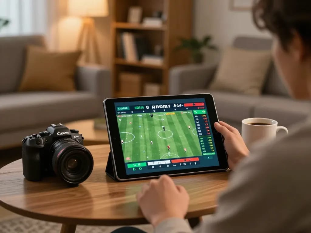 Engaging in KQBD sports betting through a tablet in a cozy living room atmosphere