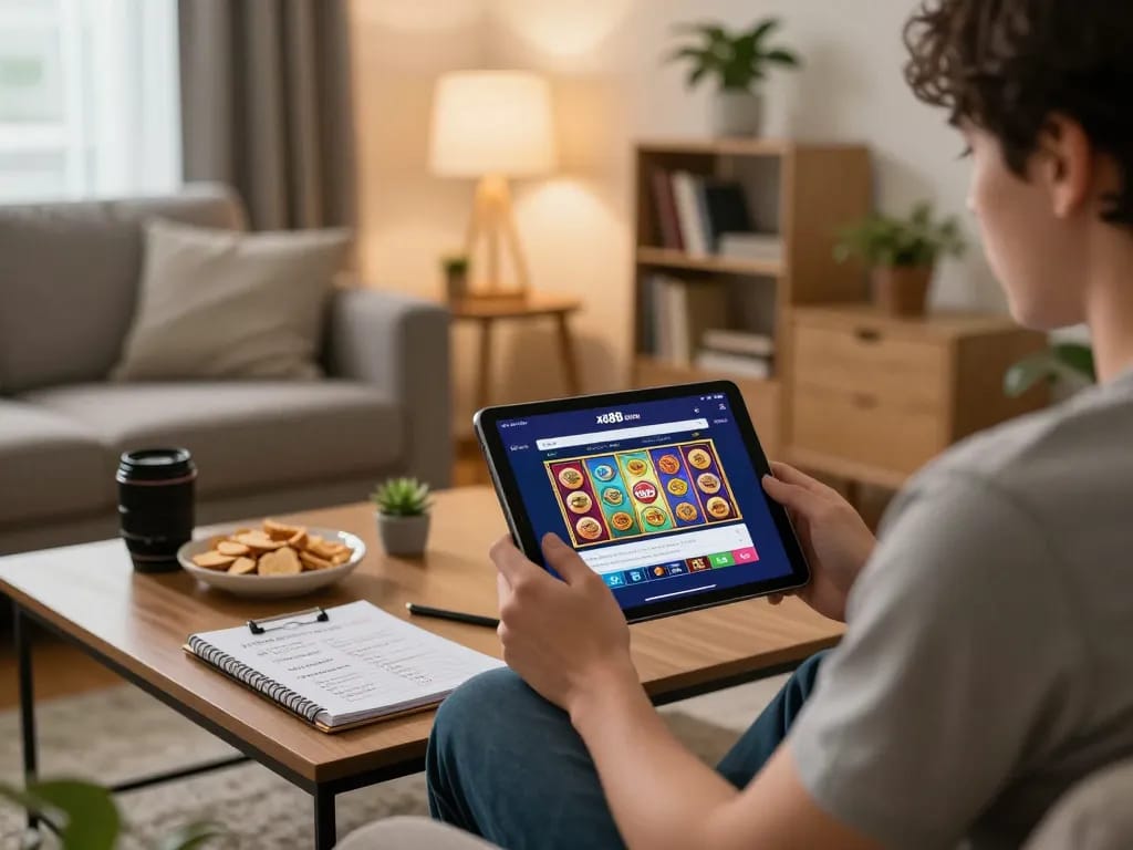 Engaging with the link xo88 casino app at home, enjoying online gaming with visuals of games and snacks.