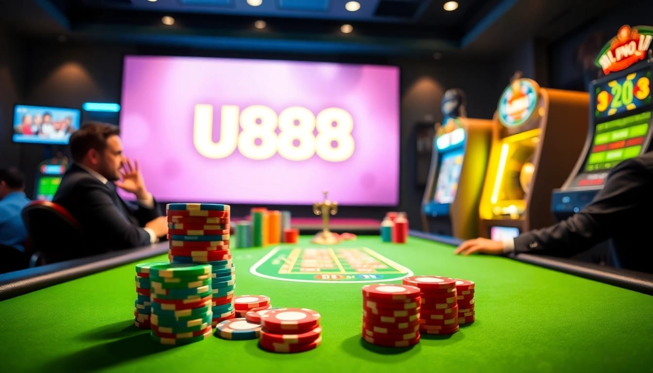 U888 casino scene with poker chips, a roulette wheel, and vibrant slot machines.