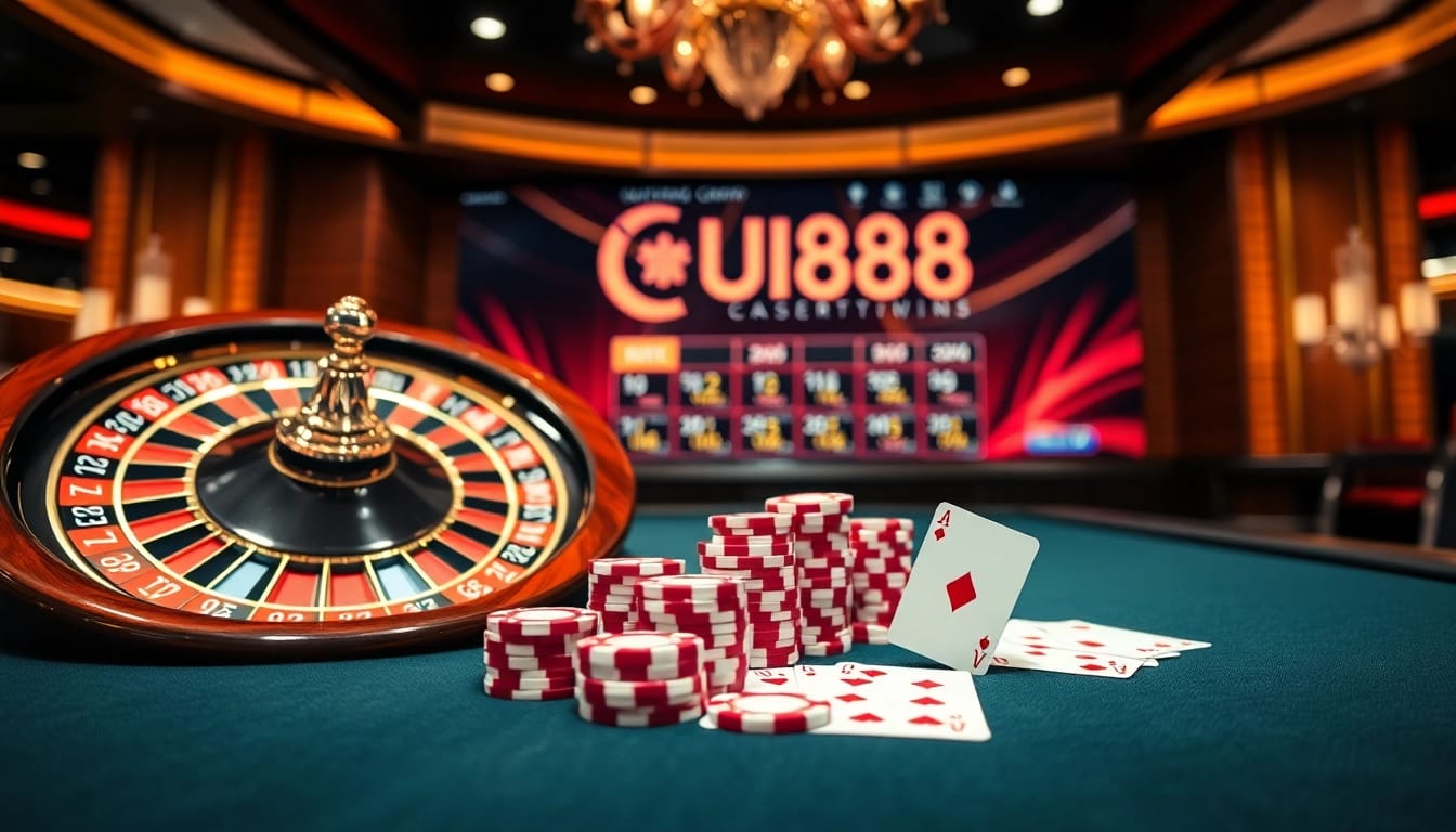 UU88 casino gaming table with roulette wheel and poker chips in a luxurious setting.