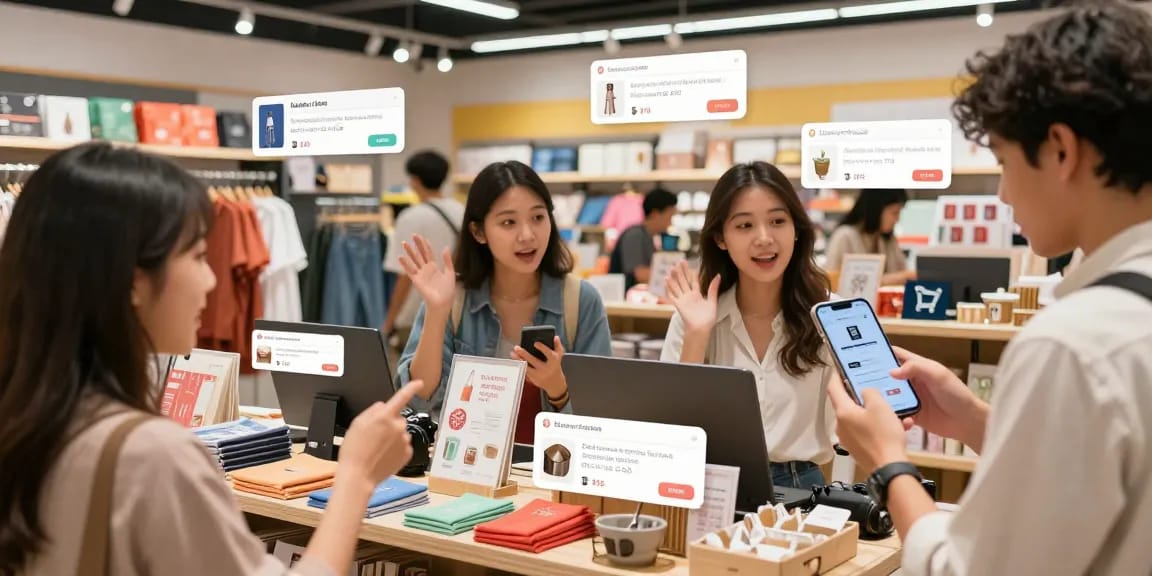 Shoppers exploring local products on ROKOK88, featuring UMKM items and vibrant displays.