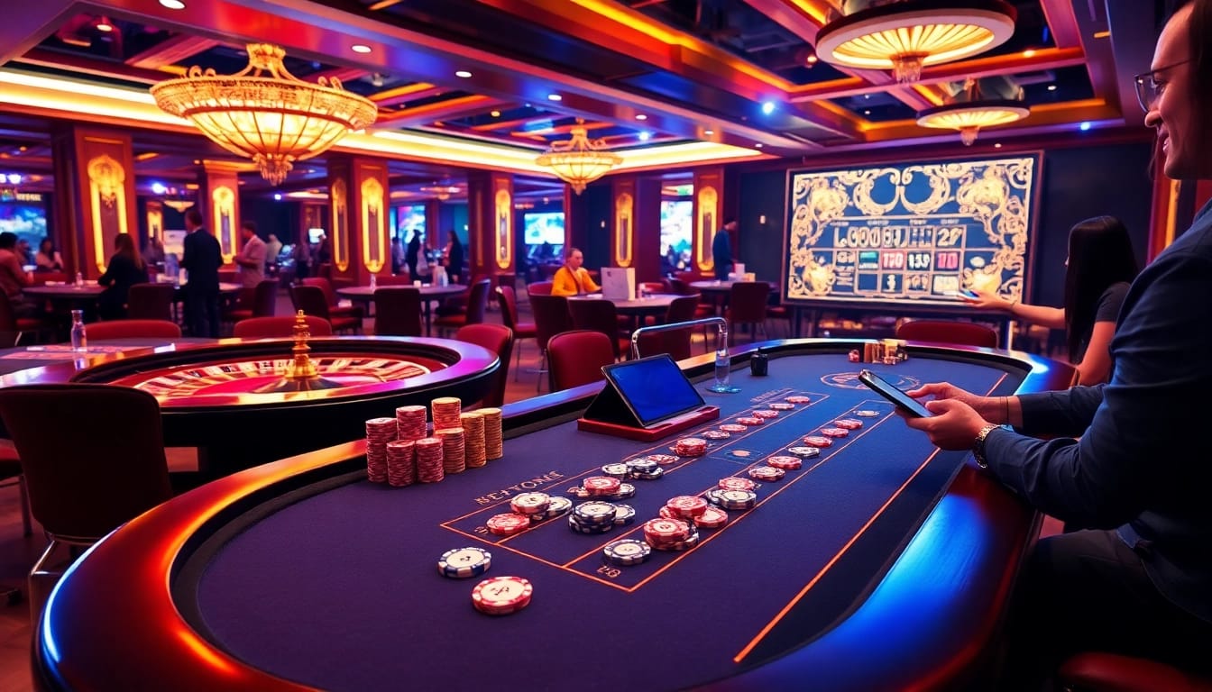 Gamblers enjoying a vibrant gaming experience with 78Win at a luxurious casino.