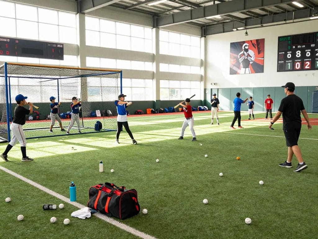 hitclub training session with young athletes practicing baseball techniques in an energetic sports facility