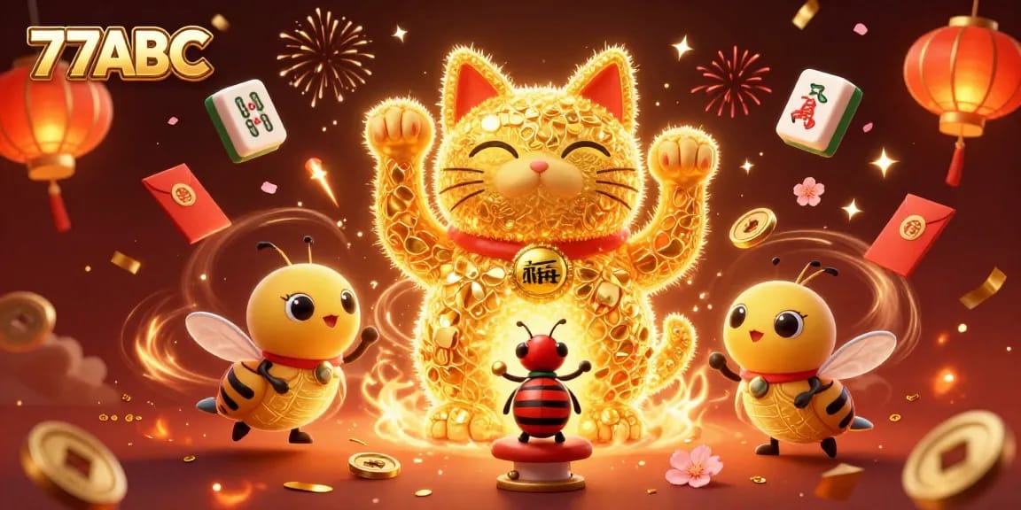 77ABC players engage in thrilling casino action with 3D golden lucky cat and festive gaming elements