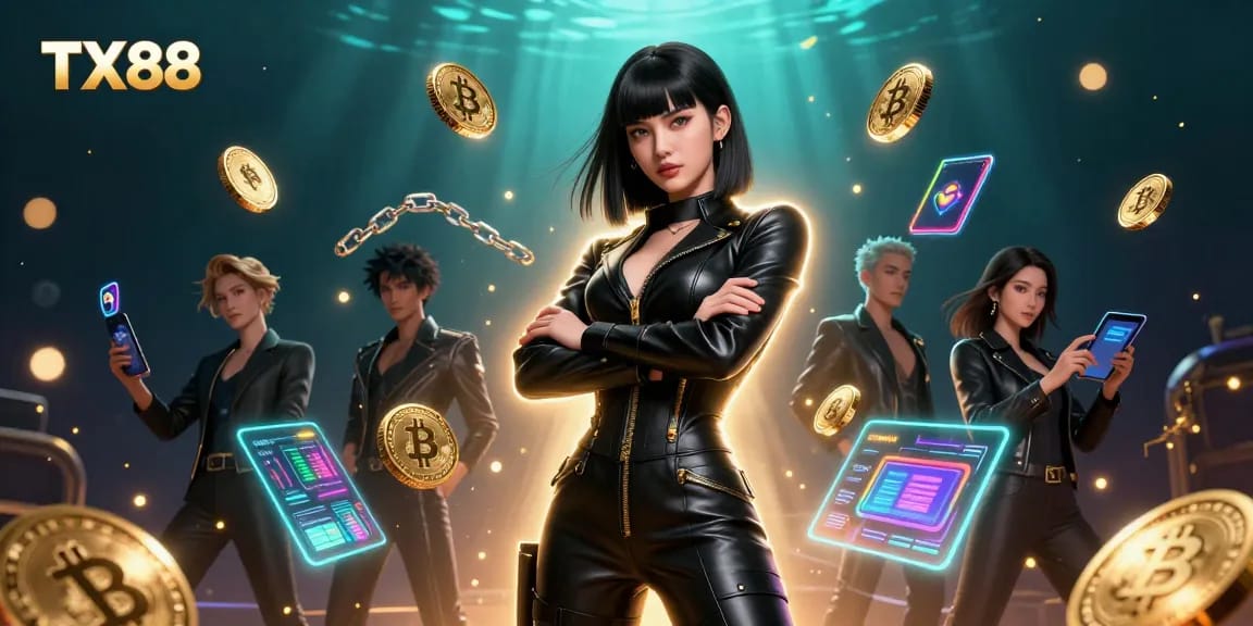 Experience the excitement of TX88 with a captivating 3D casino illustration showcasing vibrant Bitcoin and Ethereum elements.