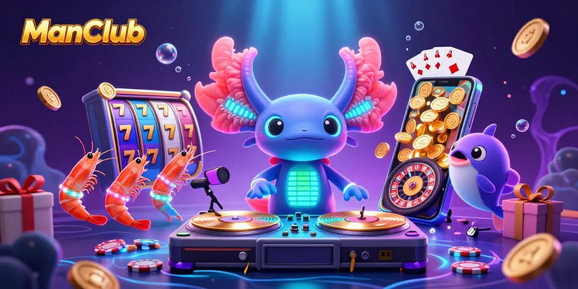 Experience a vibrant ManClub scene with a neon axolotl DJ and exciting slot game elements.