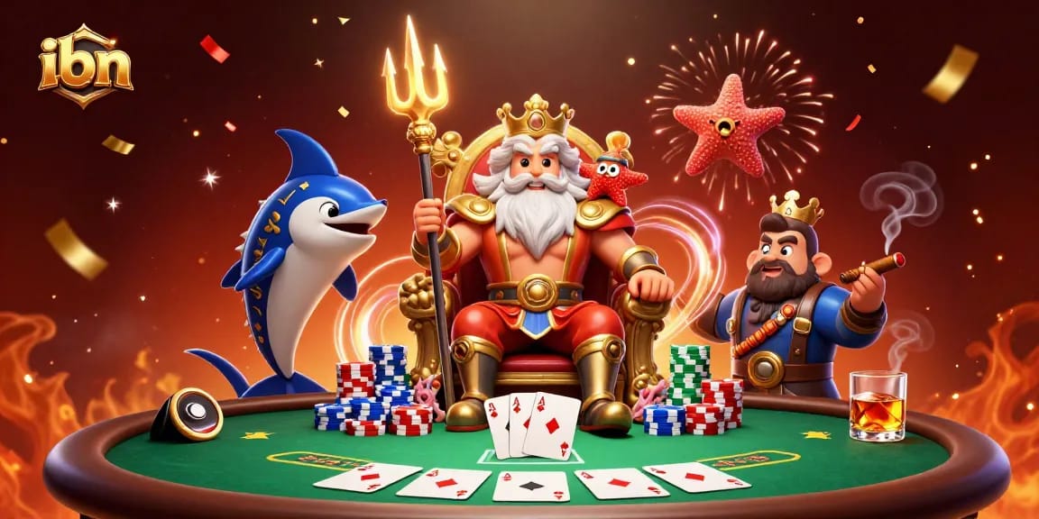 Join the fun at ibn as Neptune oversees an epic poker showdown amidst vibrant gaming elements.