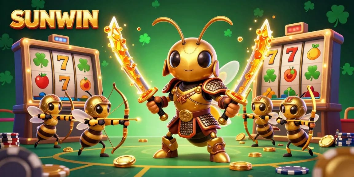 SUNWIN offers a vibrant 3D casino experience with golden hornets in samurai armor amidst lively gambling elements.