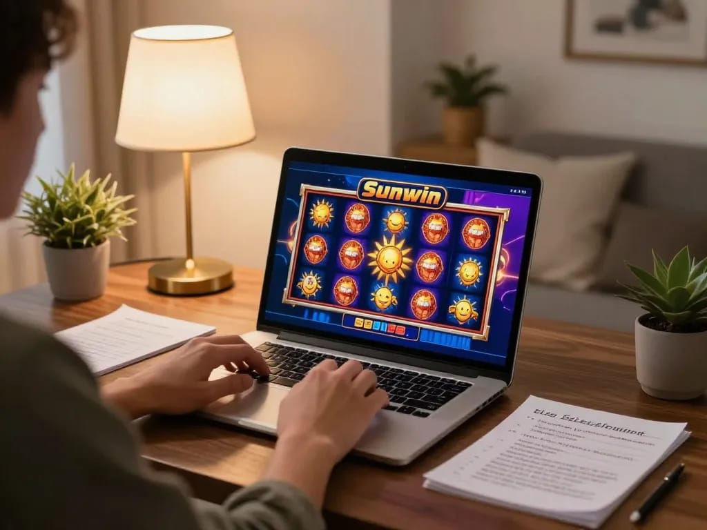 Engaged player enjoying sunwin online slot games on a stylish home setup.