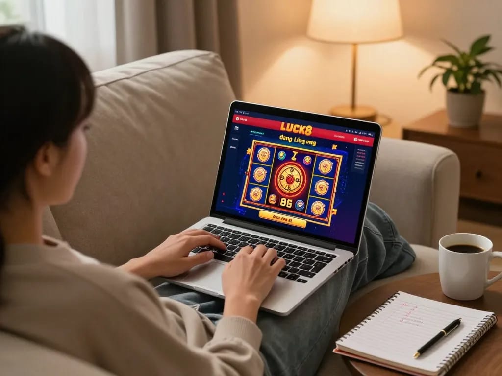 Engaging in LUCK8 đăng nhập online gaming with a laptop at home, showcasing responsible gambling.