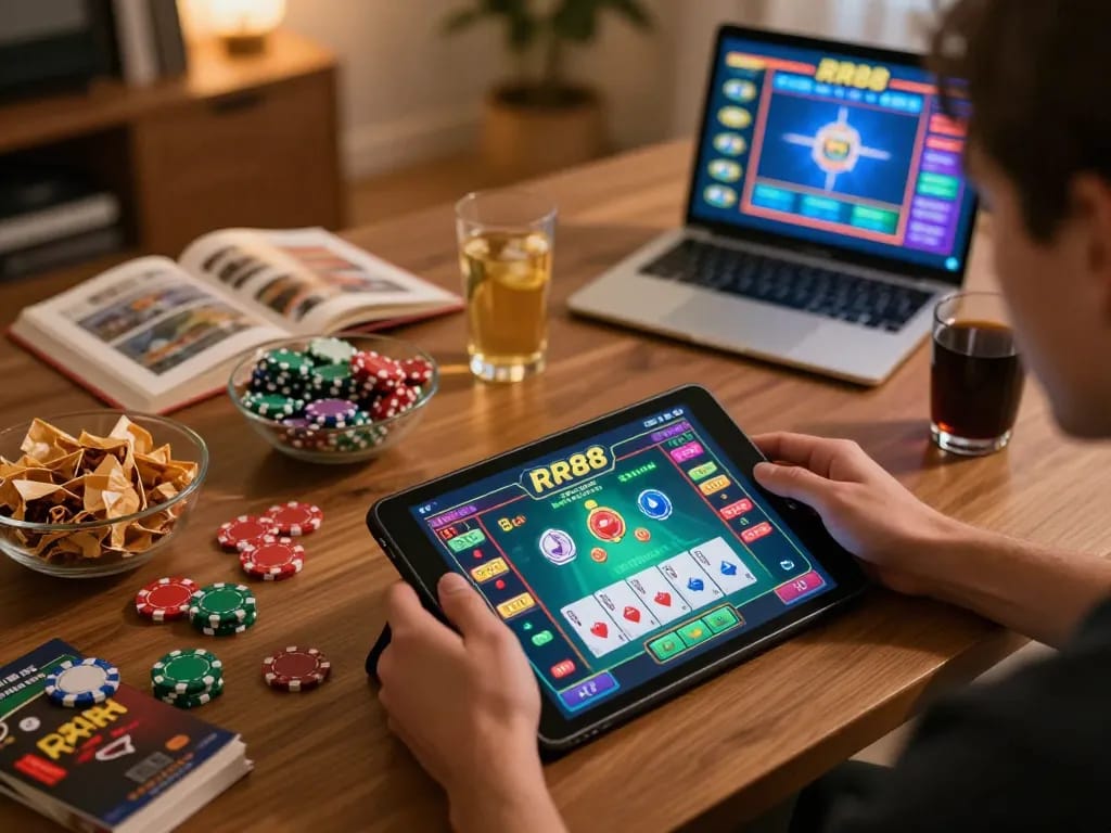 Engaging in RR88 online casino gaming with vibrant game interface, cozy home setting