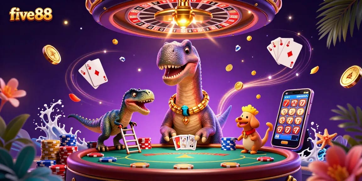 Experience the thrill of five 88 casino with a whimsical 3D scene featuring a giant dinosaur and other lively characters.