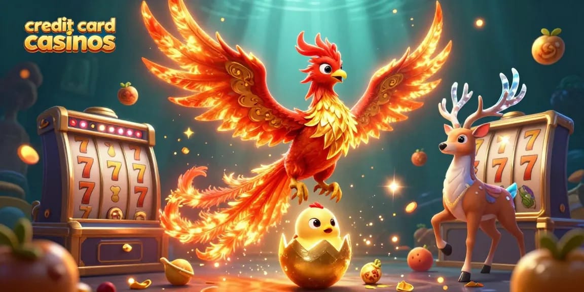 Engage with credit card casinos through exciting slot reels and vibrant characters in a thrilling scene.