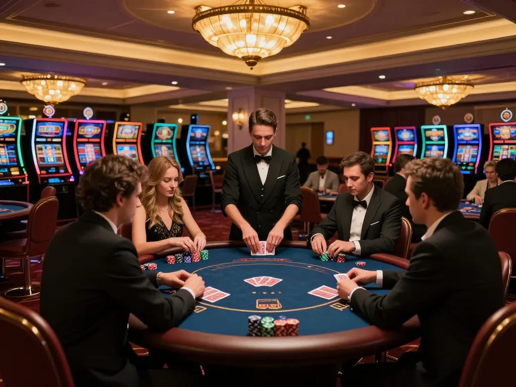 Experience the thrill of strategic gameplay at XOCDIA88's luxurious casino floor with engaged players.