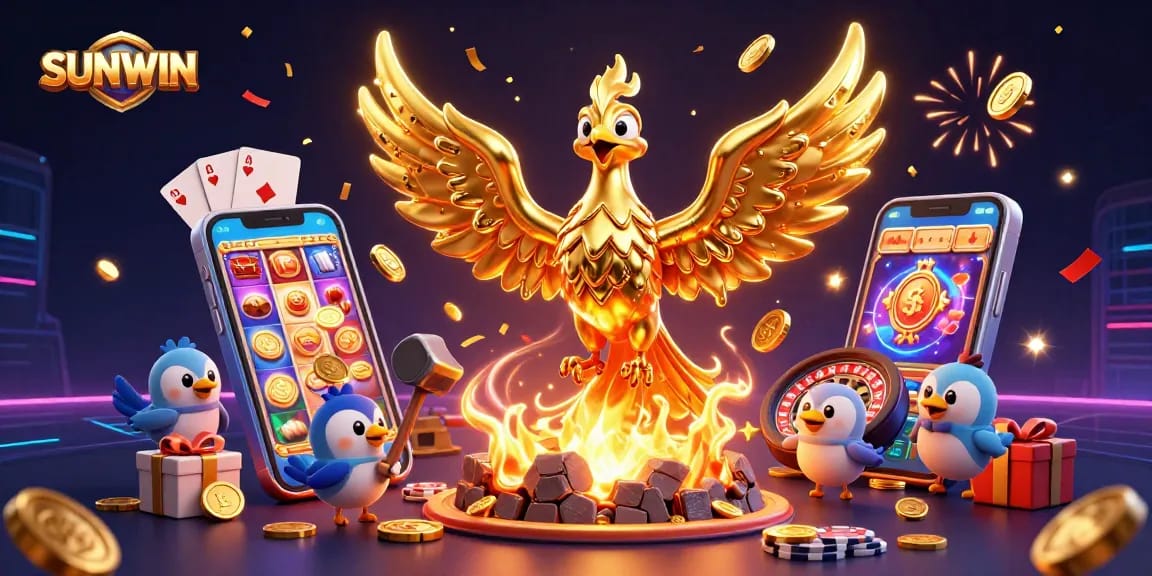 SUNWIN enhances excitement with a golden phoenix and rich casino elements in a festive 3D illustration.