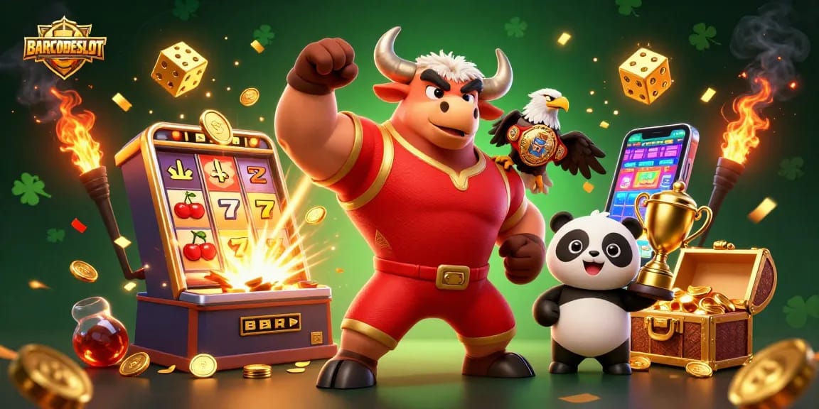 BARCODESLOT slots scene featuring a victorious bull mascot, an eagle, and a trophy-holding panda.