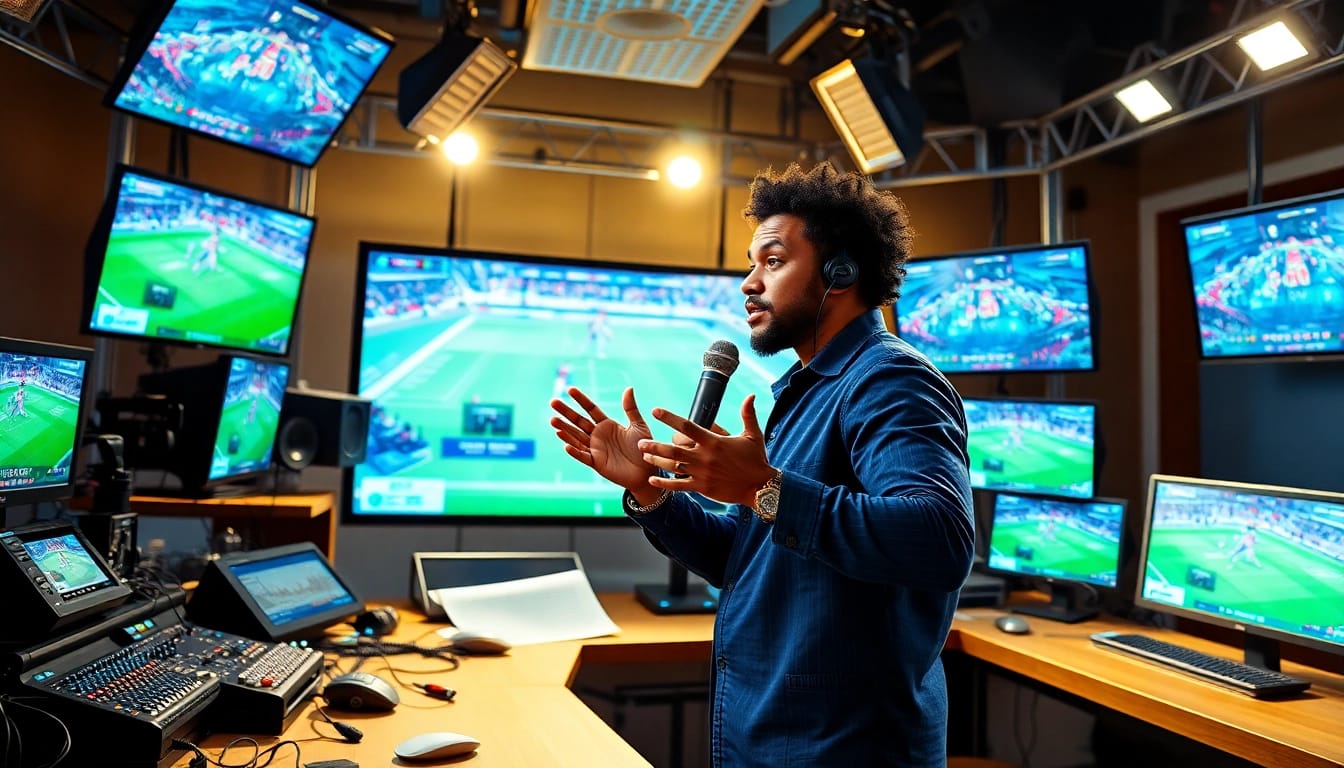 Engaging sports broadcasting scene showcasing a confident broadcaster in an advanced studio setting.