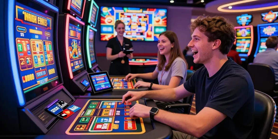 Exciting scene at eviz.org.uk showcasing players enjoying credit card casinos with vibrant gaming stations and thrilling gameplay.