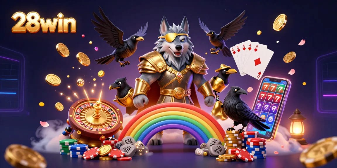 Play 28win's exciting slot games and roulette, featuring Odin and ravens amid dazzling casino elements.