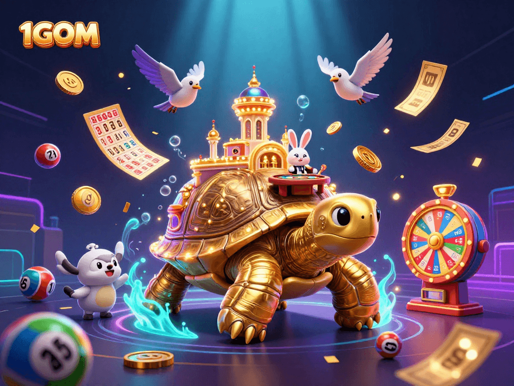 Bet with 1GOM at a dazzling casino scene featuring a tortoise palace and vibrant elements.
