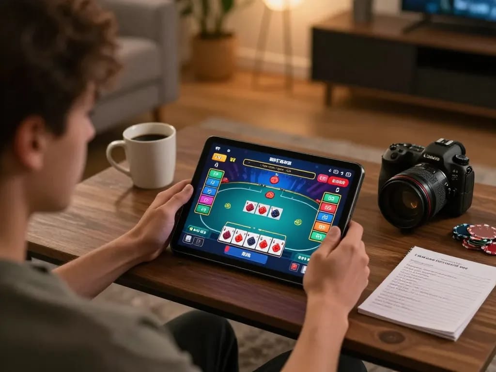 A player enjoying poker on 789Club via tablet in a cozy home setting.