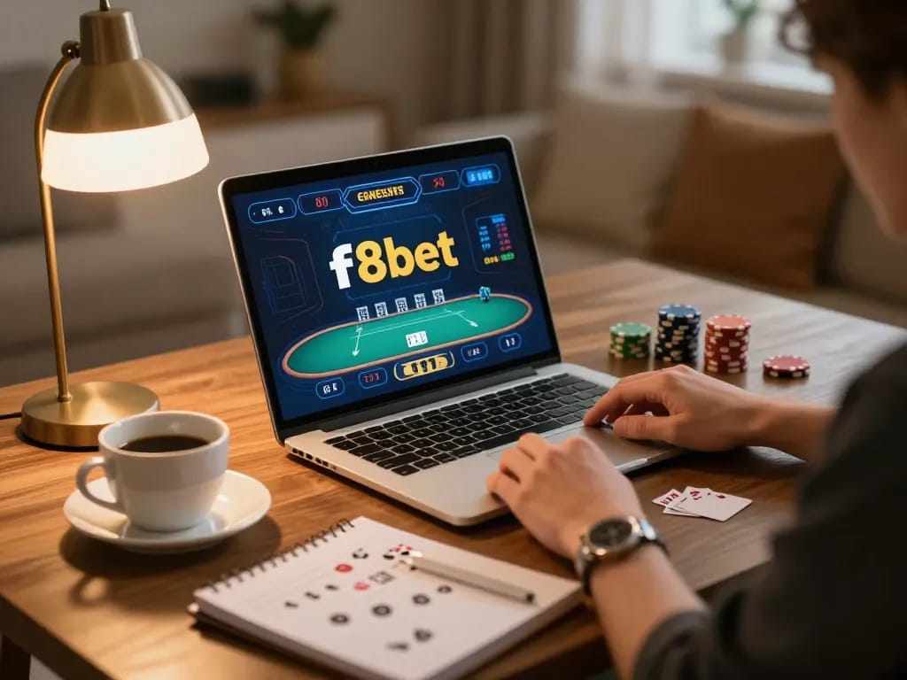 Engaged player enjoying f8bet online poker with strategy notes in a cozy home