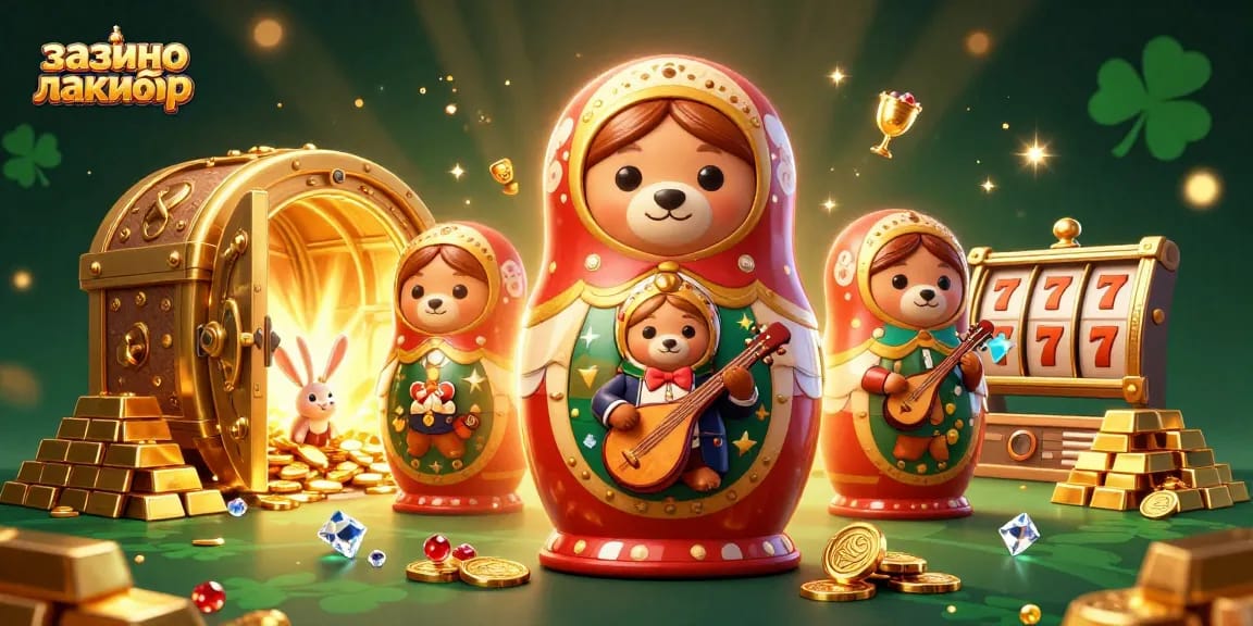 Experience the excitement at казино лакибир with a vibrant illustration featuring a Russian Matryoshka bear, smaller bear dealers, and a serenading rabbit.