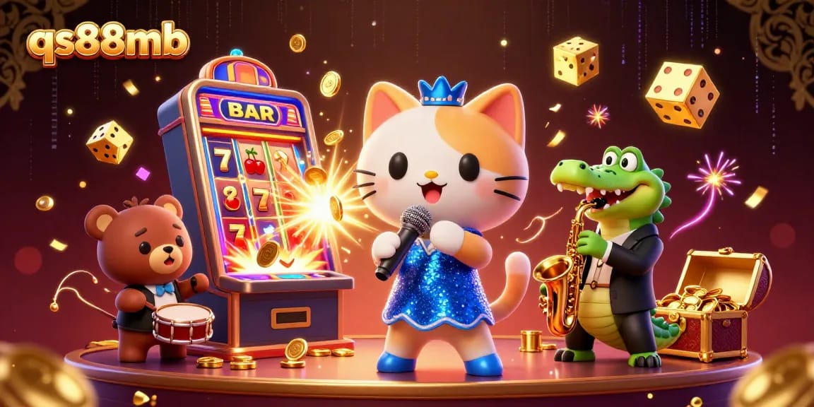Engage with thrilling games at qs88mb, featuring lively cartoon characters on a vibrant casino stage.