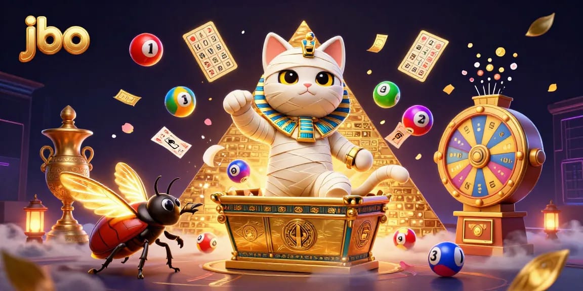 Experience exhilarating gaming at jbo with a mummy cat mascot and vibrant casino elements.
