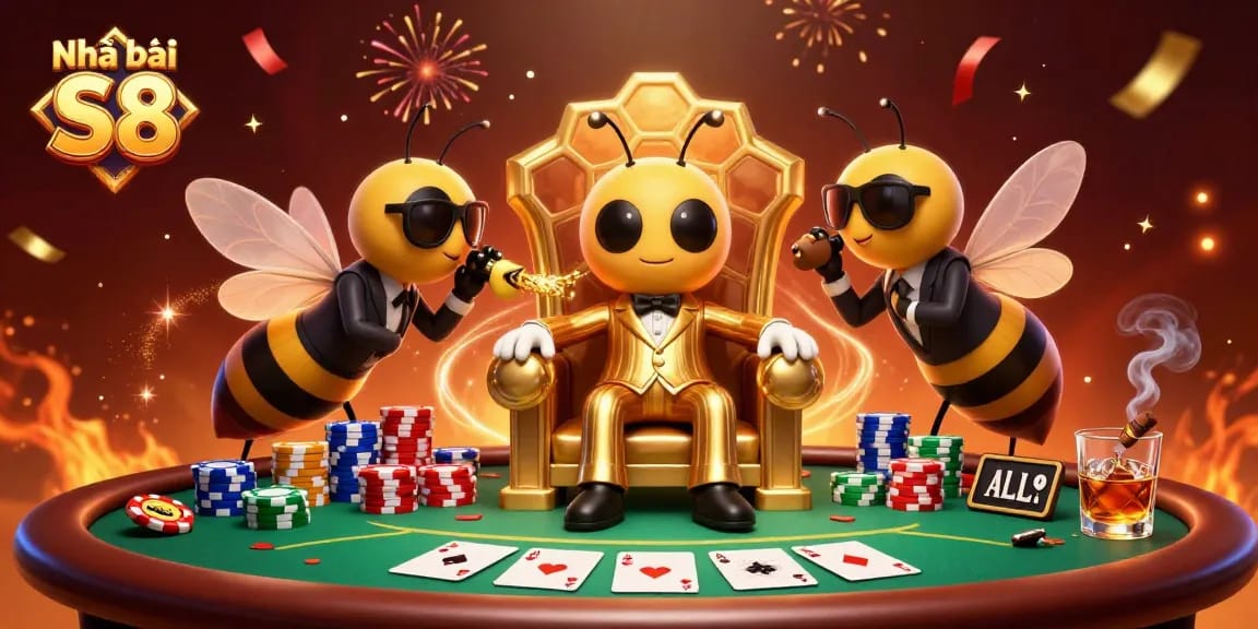 Experience thrills at Nhà cái S8 with vibrant poker action surrounded by animated characters.