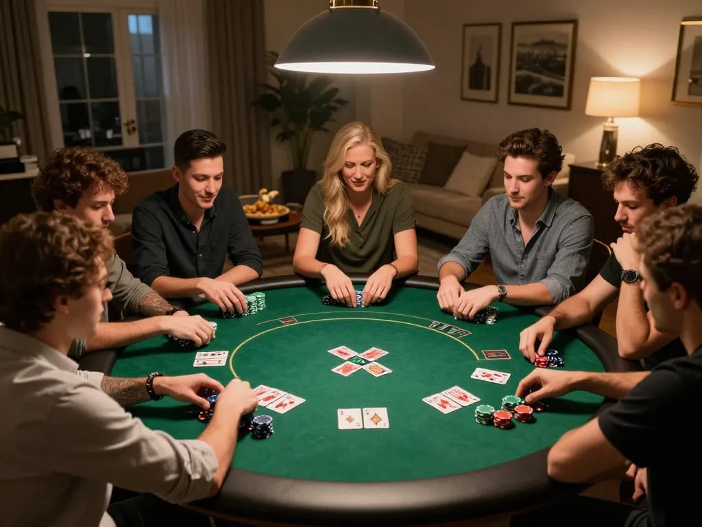 Players enjoying a strategic poker game at home with XX88 cards and chips visible.