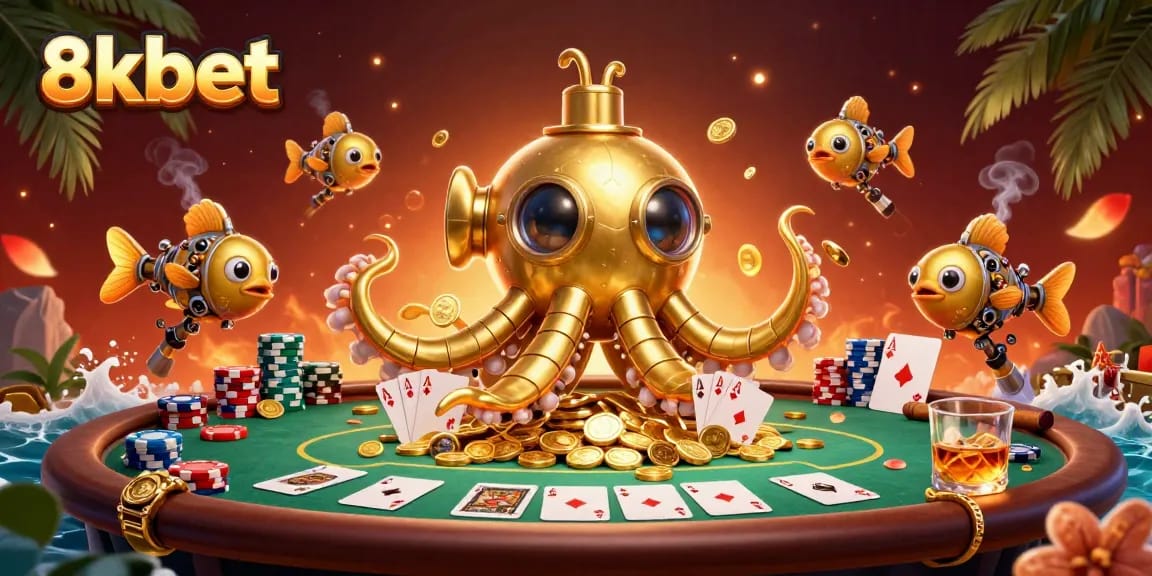 Engage with 8xbet's thrilling gameplay showcasing a golden kraken submarine through a sea of coins.