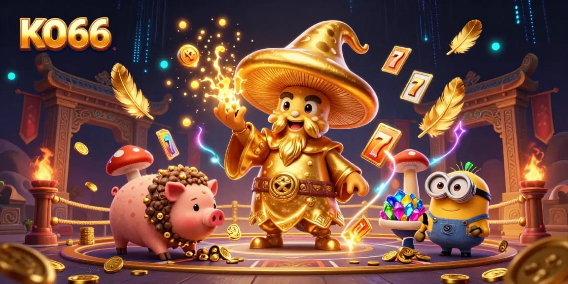 Experience KO66 gameplay with golden mushroom wizard and treasure-hunting pig in vibrant casino scene.