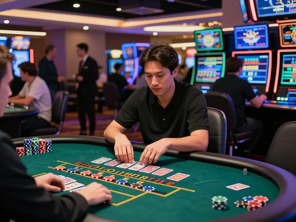CWIN player strategizing at a lively gaming table with chips and cards, capturing the excitement of online gambling.