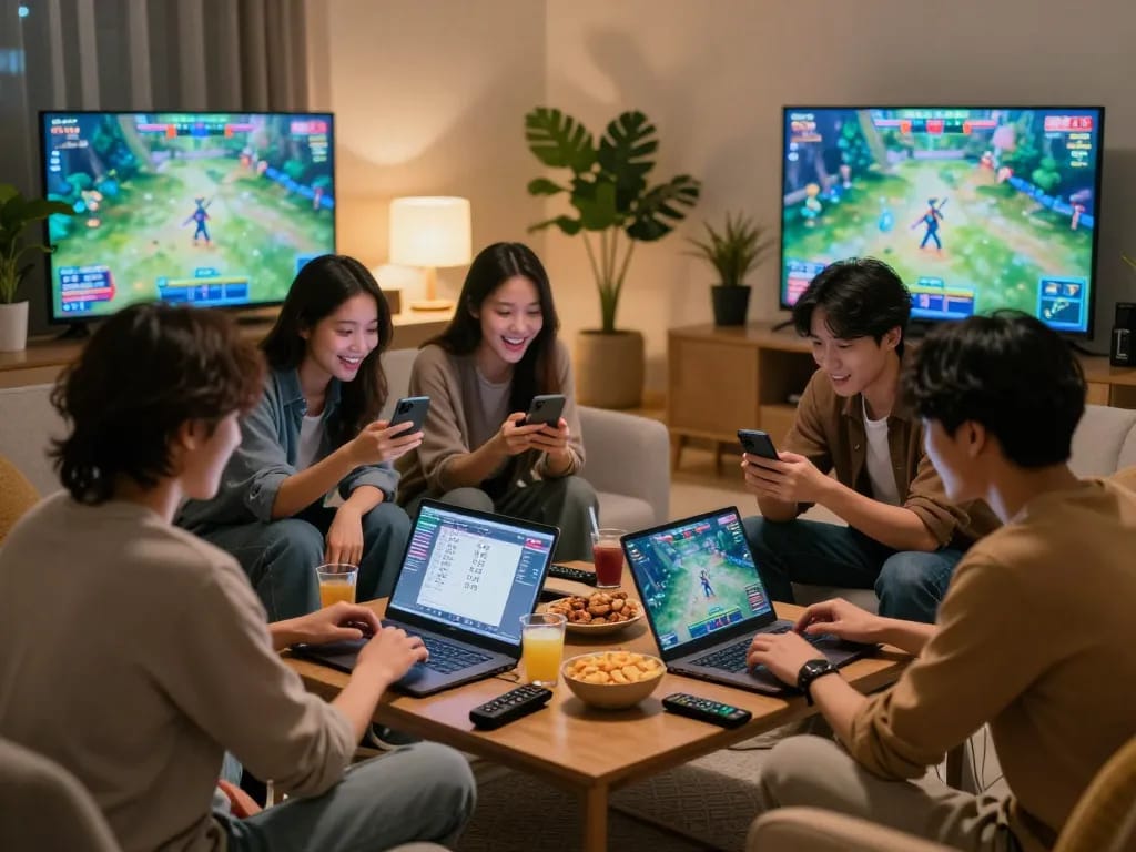 Friends choosing numbers for đánh đề online game in a cozy living room.