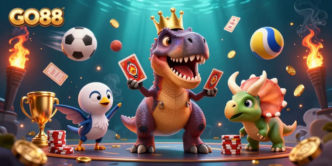 GO88 showcases a fun casino scene with a T-Rex shuffling cards, engaging players in exciting gameplay.