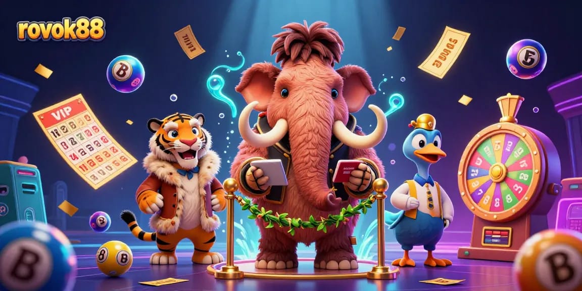 Experience rokok88 gaming excitement with a vibrant 3D casino scene featuring a woolly mammoth bouncer and colorful lottery elements.