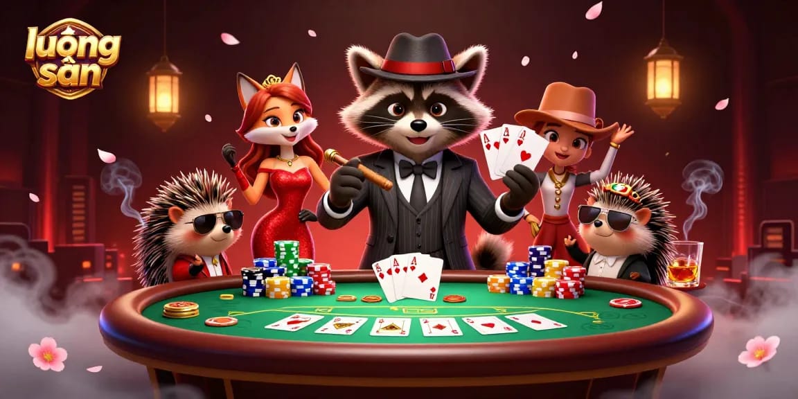 Experience thrilling action at lương sơn with a raccoon dealer flaunting a royal flush at a vibrant poker table.