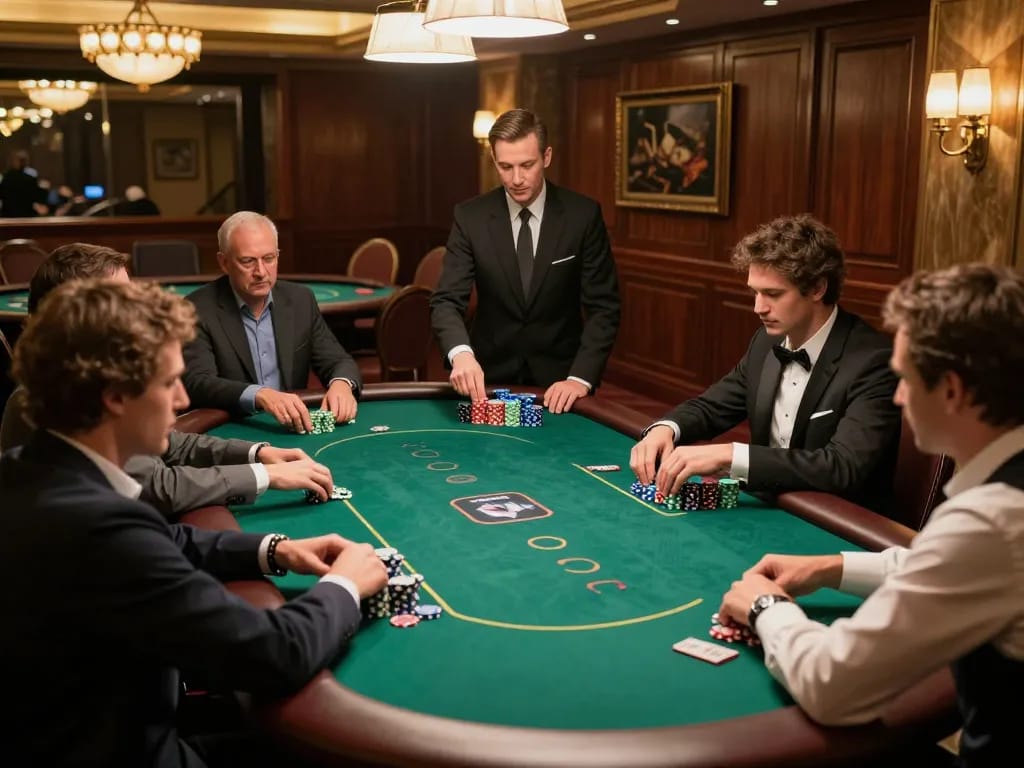 Hitclub poker players strategize their move at a luxury casino table surrounded by ambient lights.