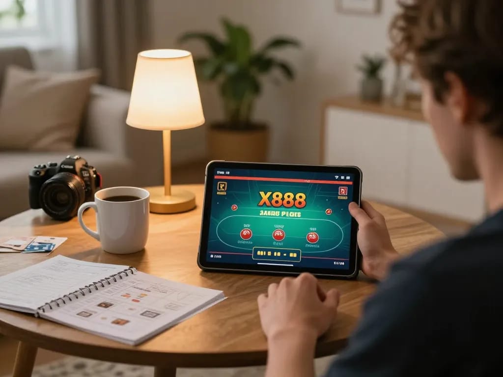 Player enjoys x888 online poker game in cozy home setting, highlighting strategic gameplay.