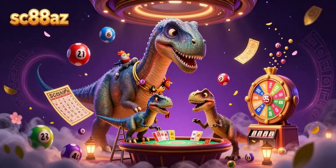 Engage in vibrant gameplay at sc88az, where a brontosaurus oversees a lively poker table amidst lottery excitement.