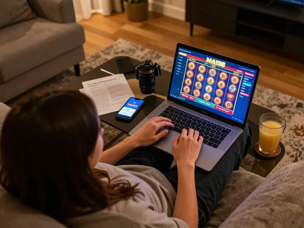 Playing at home with the link max88 app on laptop, creating a cozy online gambling atmosphere