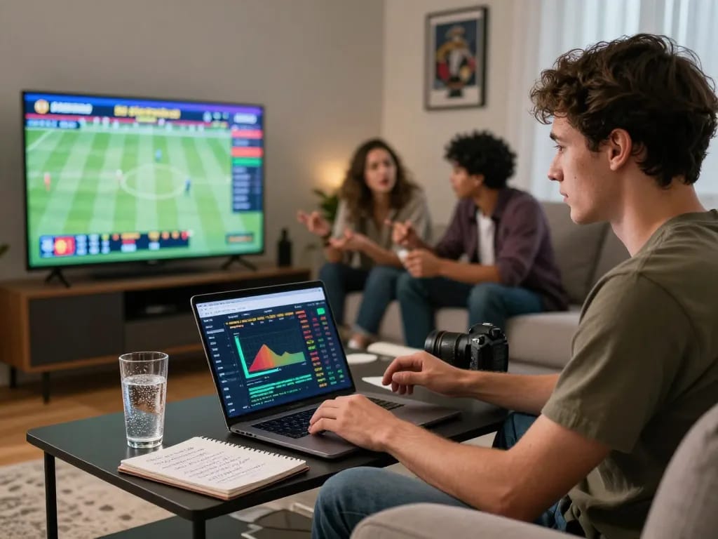 Young man reviewing tỷ lệ kèo nhà cái on TV with friends during a sports betting session.