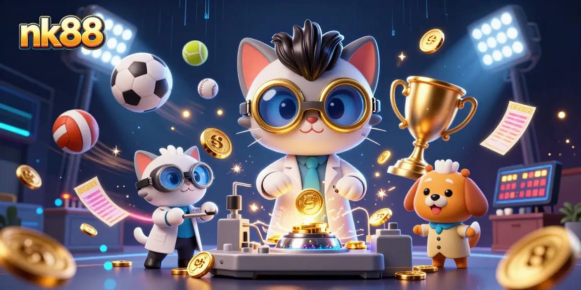 Engage with nk88's exciting gaming scene featuring a mad scientist cat and lab assistant, surrounded by sports elements.